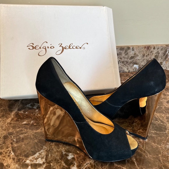 Sergio Zelcer Open Toe Black Velvet Wedge with Red Sole - Picture 9 of 10